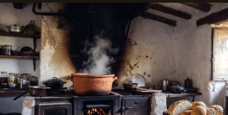 Küche mit einem großen Tontopf auf dem Herd und Rauch, schwarze Rußspuren an der Wand.